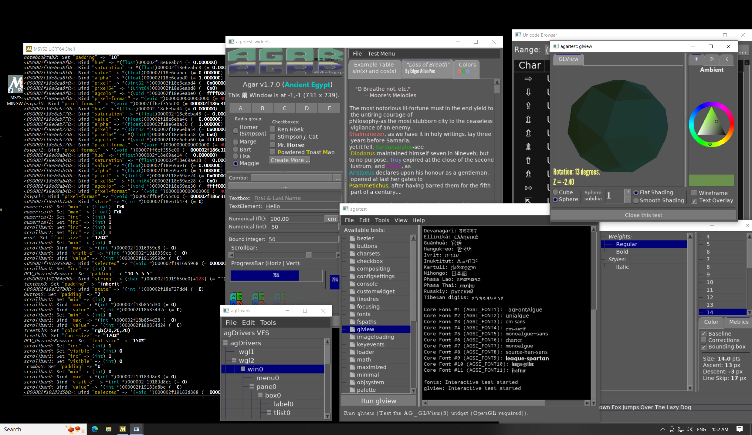 Tests from agartest running on Windows 10 (MSYS2 build)